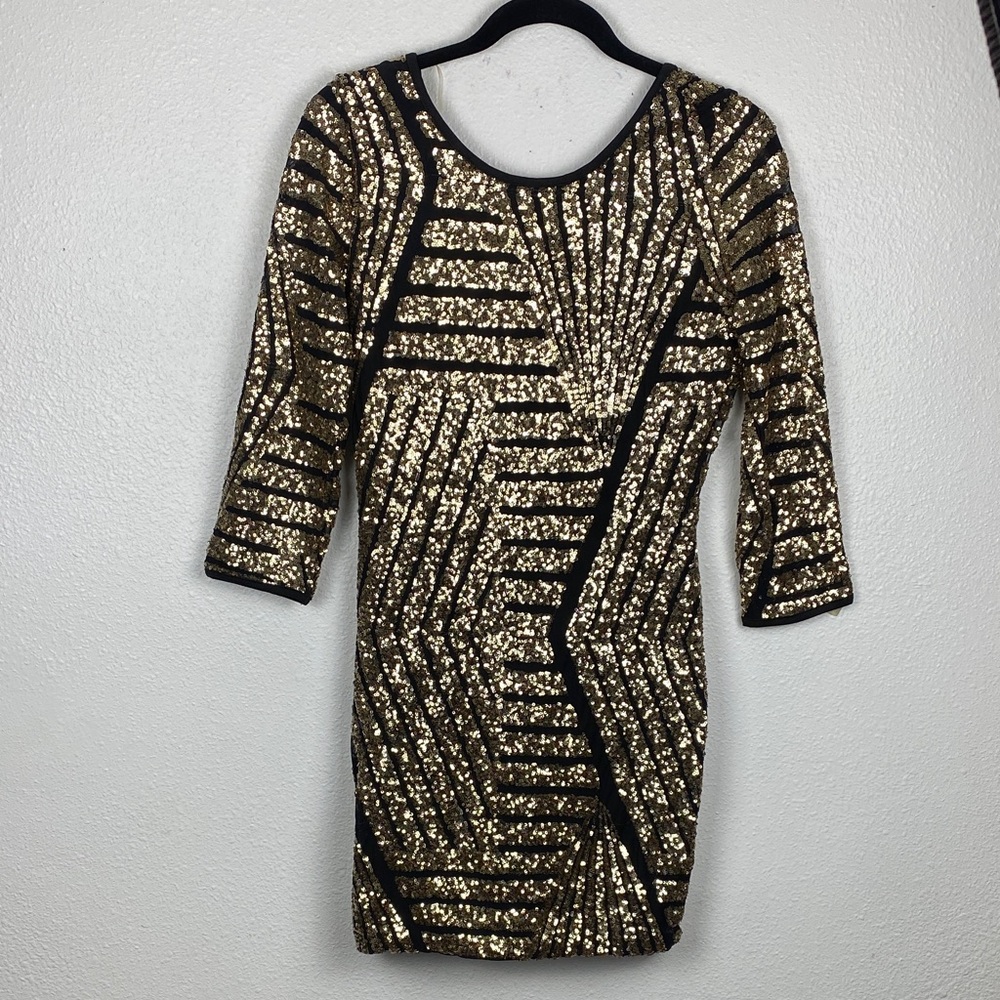Gold Sequin Bodycon Dress with Black Accents - Picture 2 of 16